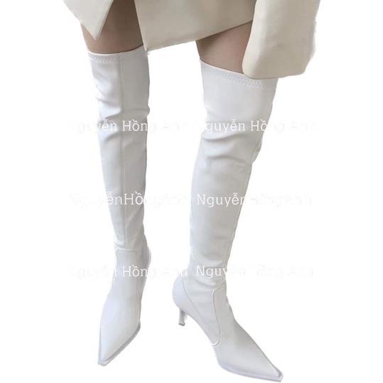 Hàng cao cấp Bốt  Đùi da lì mũi nhọn kéo khoá sau gót cao 7p  cho nữ