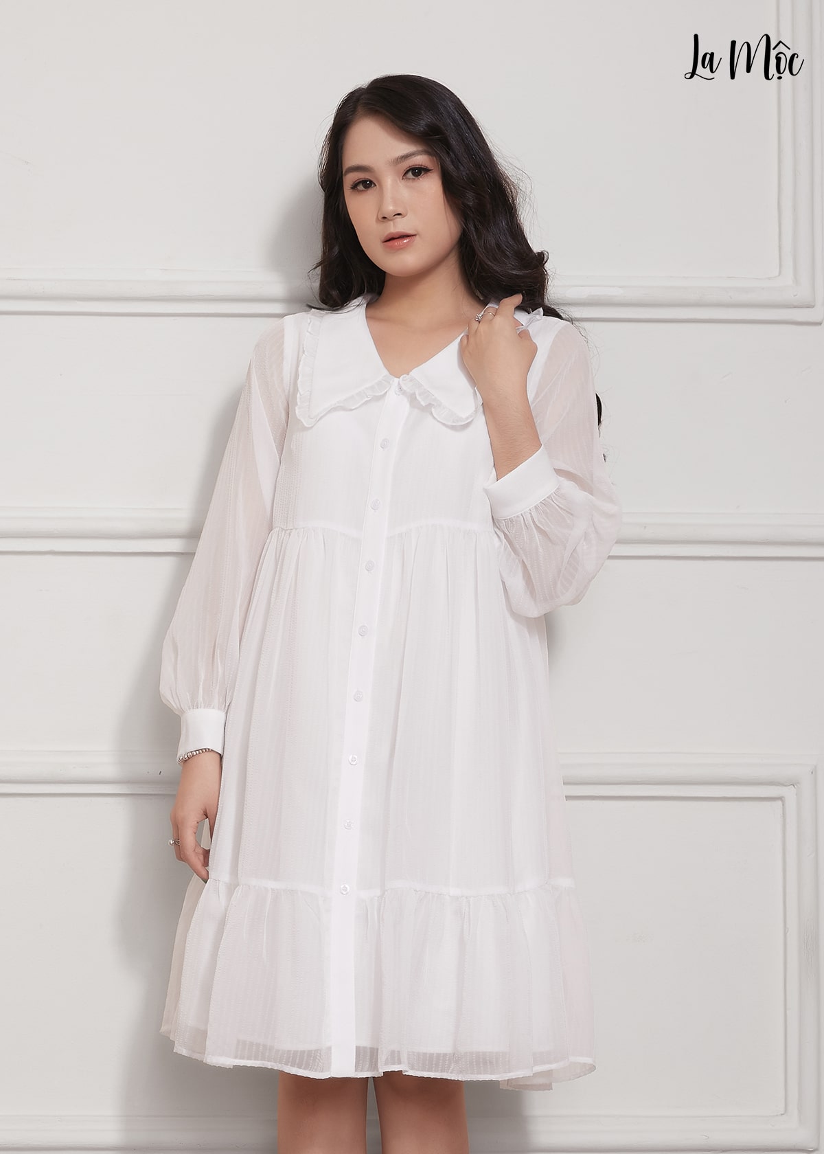 Đầm Babydoll Lụa Crep Nhún Bèo Tay Dài Phồng Nhẹ Maxivic, La Mộc - LM012207