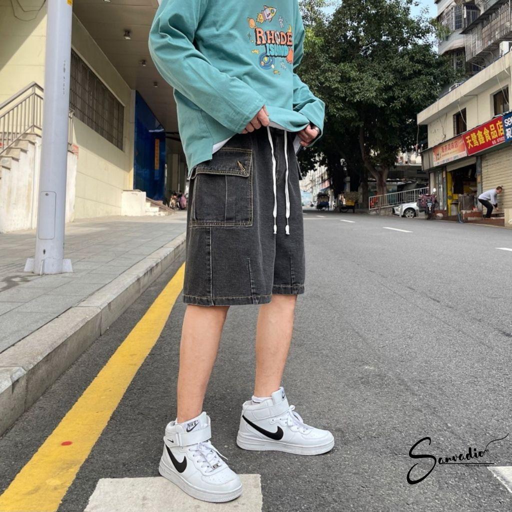 Quần short nam DENIM Sanvadio -quần đùi nam 2 màu xanh và xám khói phong cách retro hàn quốc