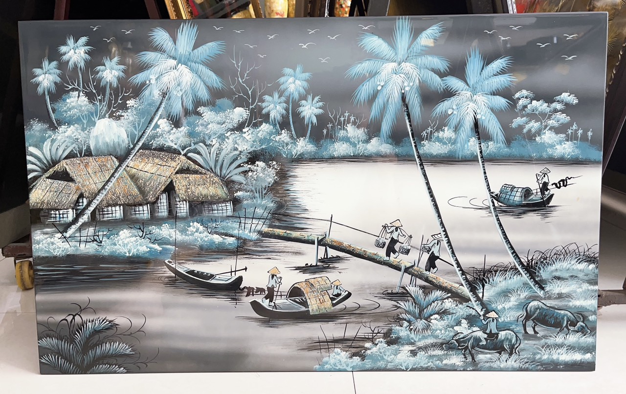Tranh sơn mài đồng quê, chợ quê, phố cổ vẽ màu kết hợp cẩn ốc, vỏ trứng đẹp, hàng xuất khẩu 50x80 cm