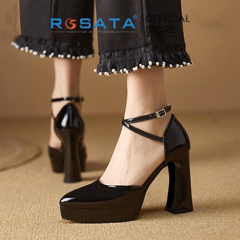 Giày cao gót nữ ROSATA RO493 da trơn mũi nhọn quai hậu khóa cài dây mảnh gót cao 8cm xuất xứ Việt Nam