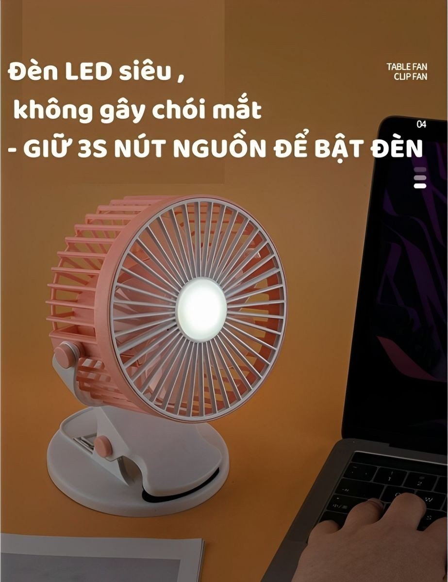 Quạt Kẹp Bàn Pin Sạc Có Đèn Led 3 Chế Độ Siêu Mát Xoay 720 Độ