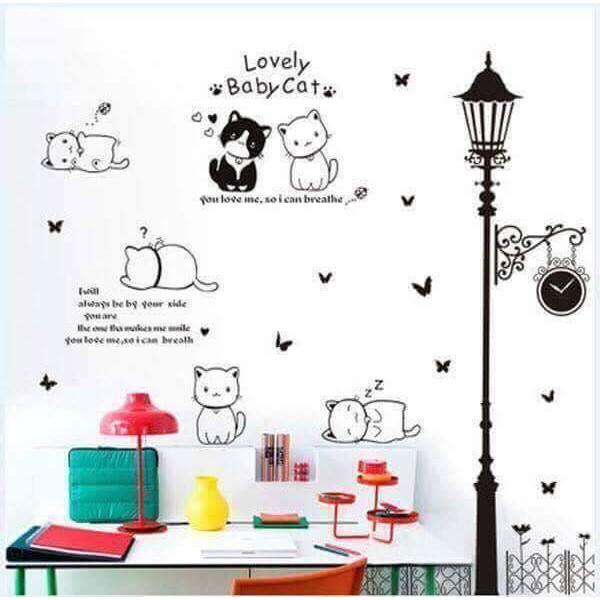 Decal dán tường Combo cột đèn đêm và mèo đáng yêu