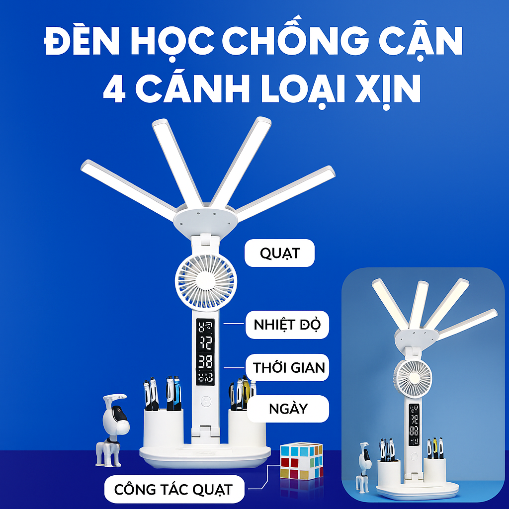 Đèn Để Học 4 Cánh LED Pin Trâu 10.000mjAh – Chống Cận Bảo Vệ Mắt, Có Quạjt Mát &amp; Đồng Hồ Độc Đáo Loại Xịn