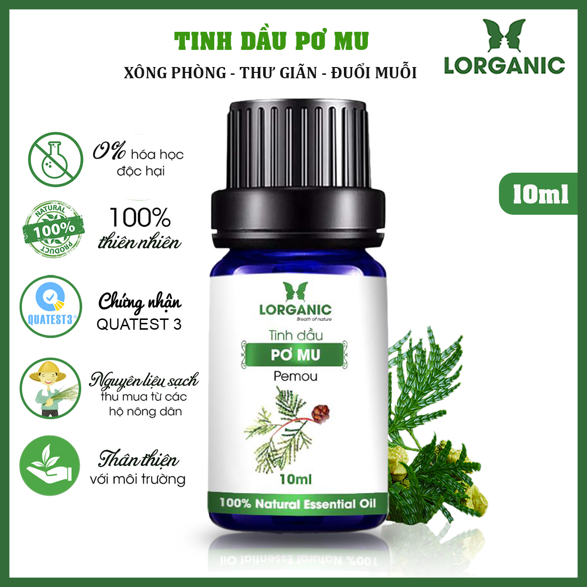 Combo 3 chai tinh dầu Lorganic pơ mu + bạch đàn chanh + sả chanh (10ml x3)/ Tinh dầu thiên nhiên nguyên chất.