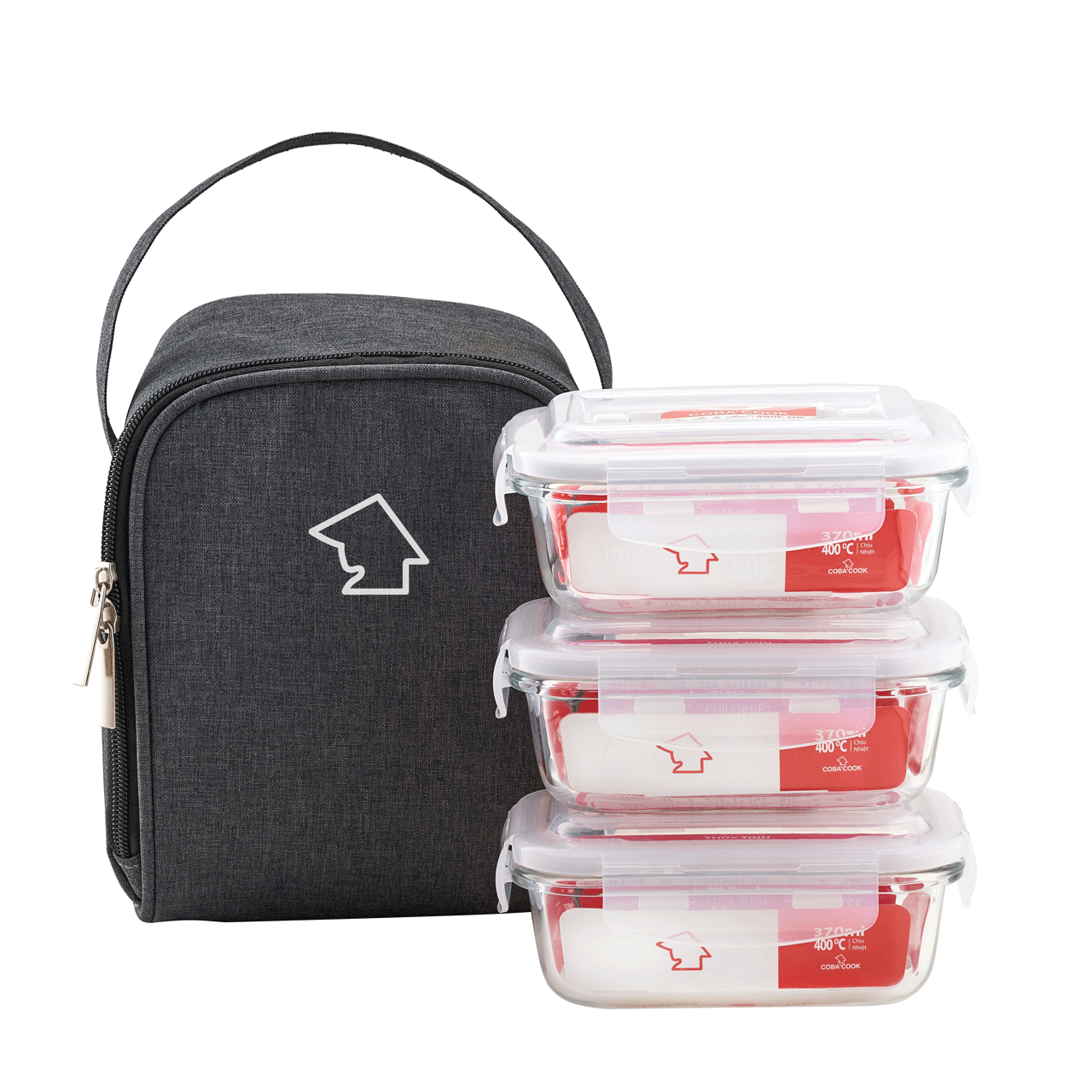 Bộ 3 hộp đựng cơm thủy tinh COBA'COOK chịu nhiệt 3 hộp chữ nhật 370ml và 1 túi giữ nhiệt - CCL33BS-1