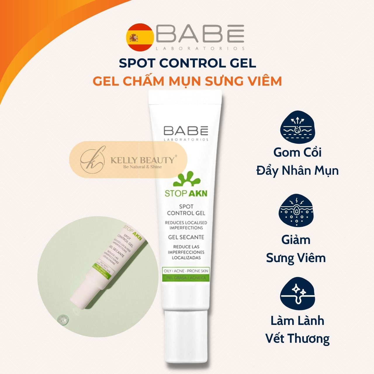 Chấm Mụn BABE Spot Control Gel - Giảm Viêm, Khô Cồi, Đẩy Nhân Mụn; Hỗ Trợ Lành Vết Thương - Kelly Beauty