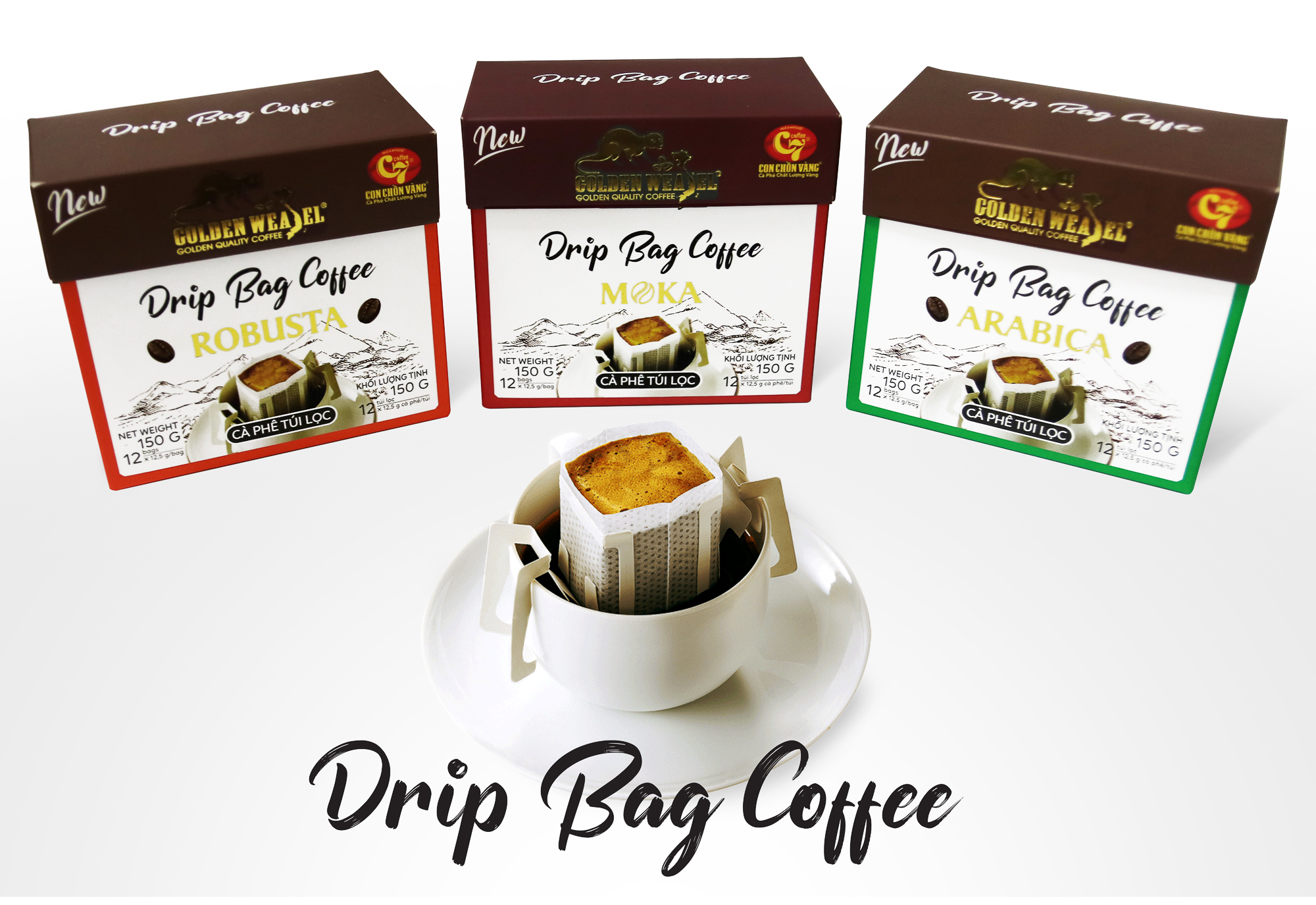 Cà Phê Túi Lọc Robusta Nguyên Chất 100% Con Chồn Vàng Hộp 150Gr - Huca Food