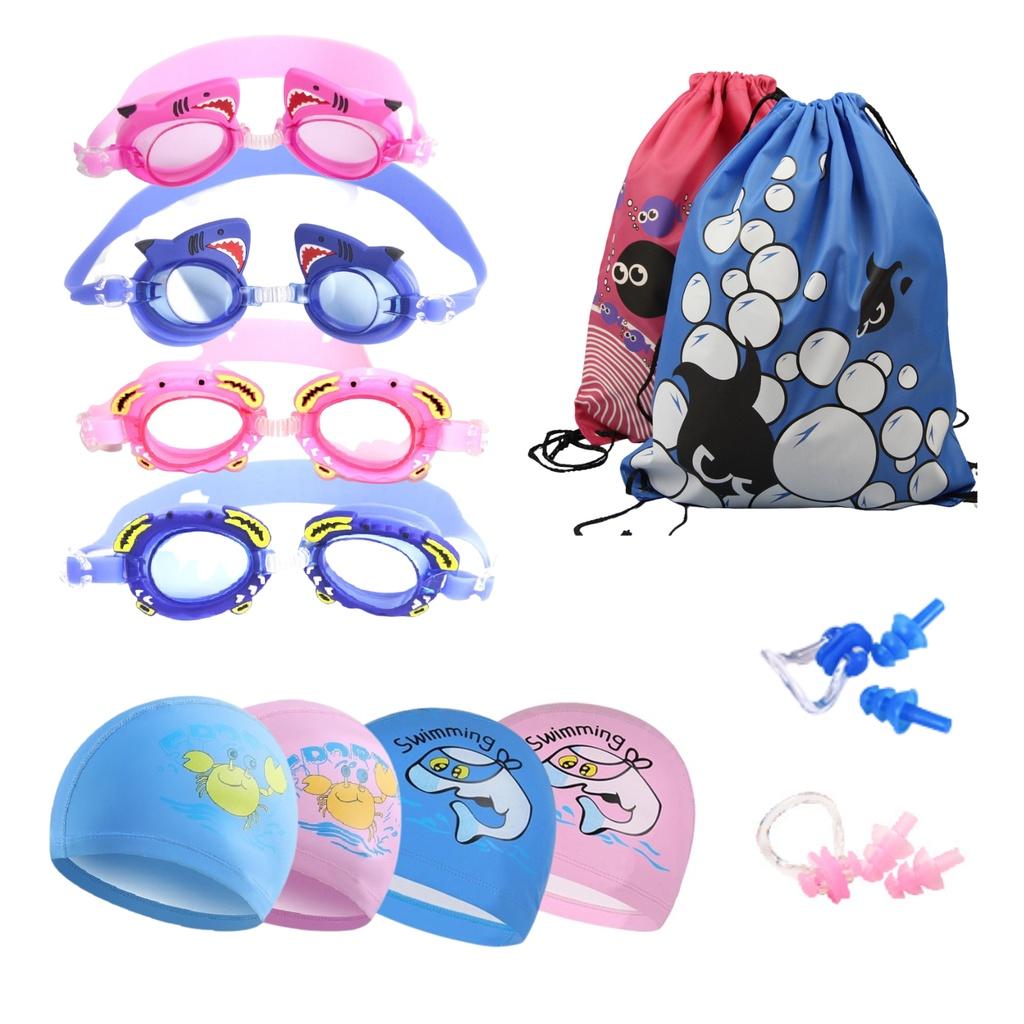 Set 4 Phụ Kiện Bơi Cho Bé 3-10 Tuổi Mũ Bơi, Kính Bơi, Nút Bịt Tai Và Túi Đựng Đồ
