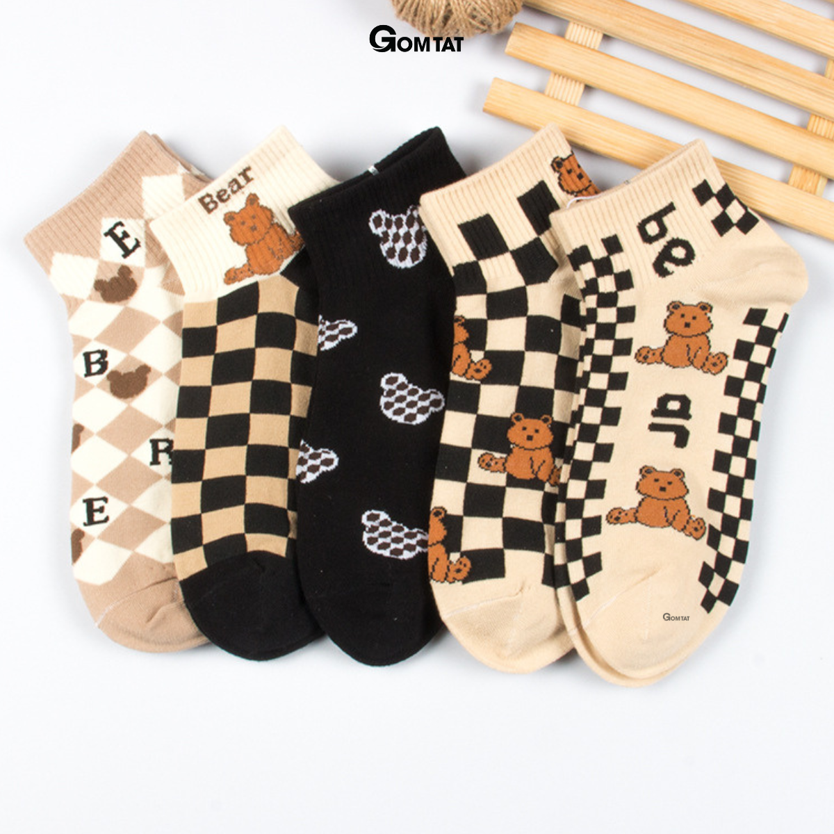 Set 5 đôi tất nữ cổ ngắn họa tiết gấu caro, vớ nữ cổ thấp chất liệu cotton mềm mịn thoáng mát - LISU36-GAUNGAN