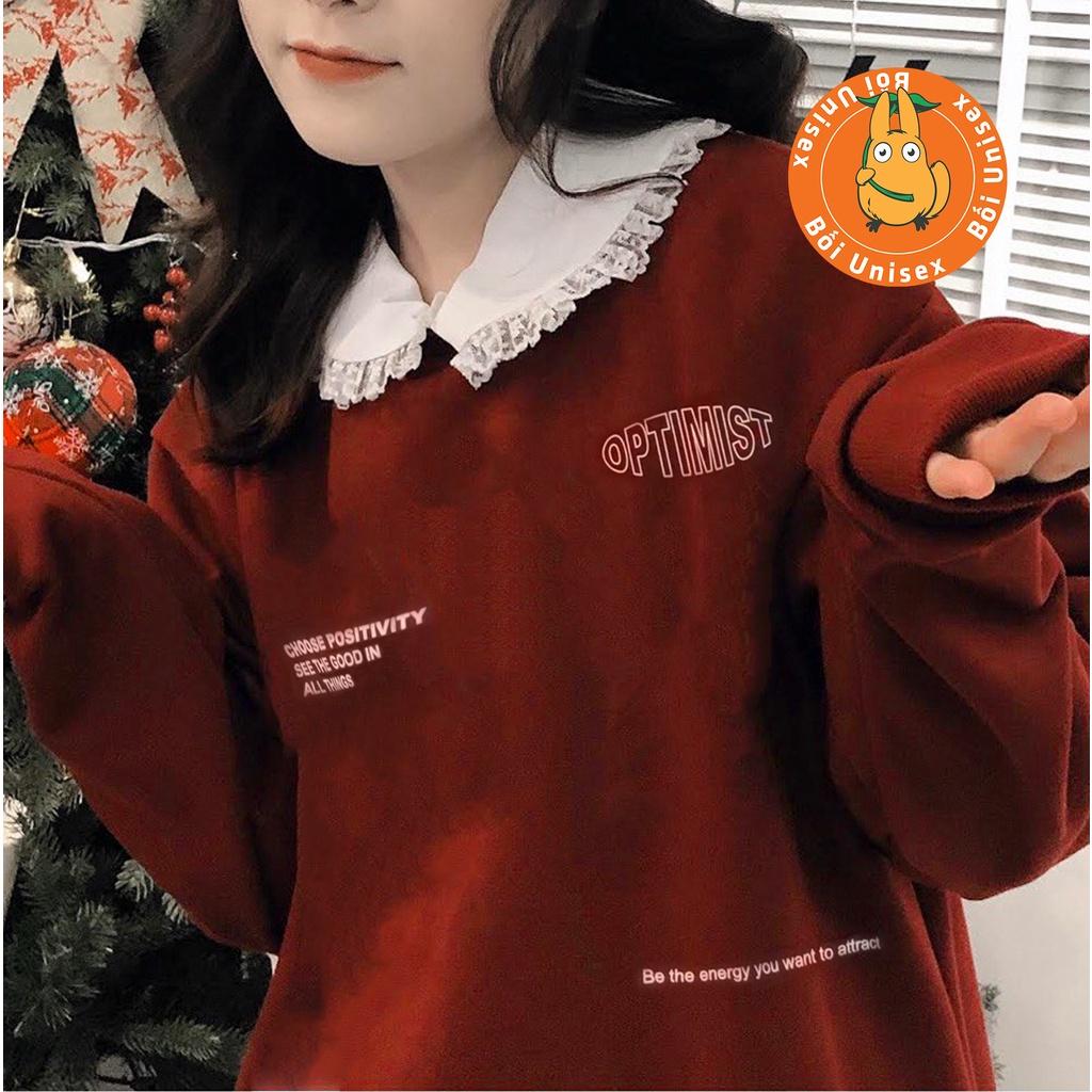 Áo sweater nỉ bông đỏ  dày Cao Cấp FreeSize Optimist Nam Nữ phối đồ đẹp