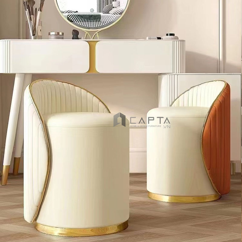 Ghế trang điểm đôn tròn CS0926-1P Nội thất Capta Nệm PU mềm kem xám cam đế inox mạ màu vàng Ghế ngồi bàn trang điểm sang trọng cao cấp đẹp hiện đại hcm