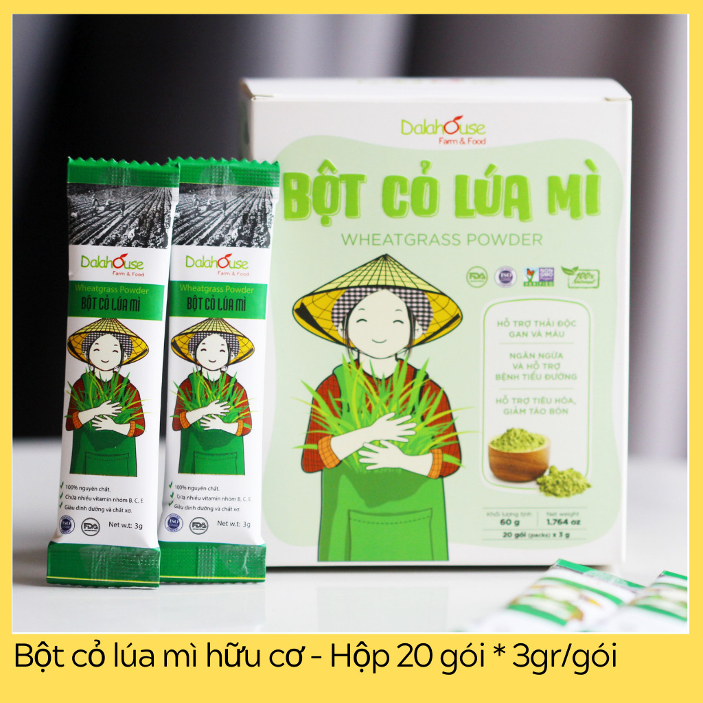 Bột cỏ lúa mì hữu cơ sấy lạnh Dalahouse - Hộp 20 gói 3gr tiện lợi - Hỗ trợ thải độc Gan và Máu, Ngăn ngừa và hỗ trợ tiểu đường, Hỗ trợ tiêu hóa, giảm táo bón