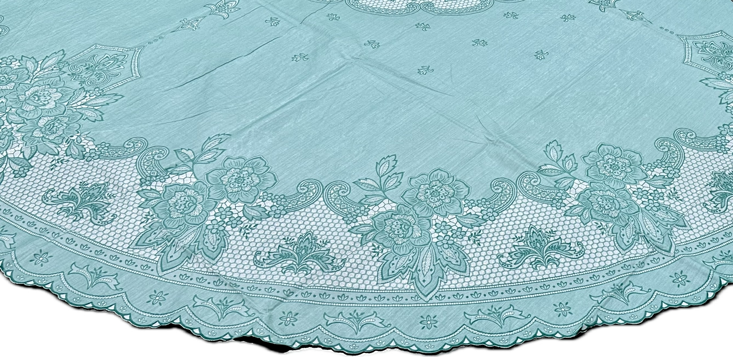 [Tặng 1 lót phần ăn] Khăn trải bàn tròn - đường kính 178cm PAULEE FY116 , hoa văn, màu xanh ngọc, nhựa PVC dẻo, không thấm nước
