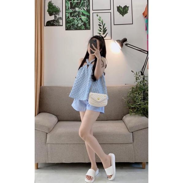 Set áo 2 dây dáng xoè chất xốp nổi phối quần short