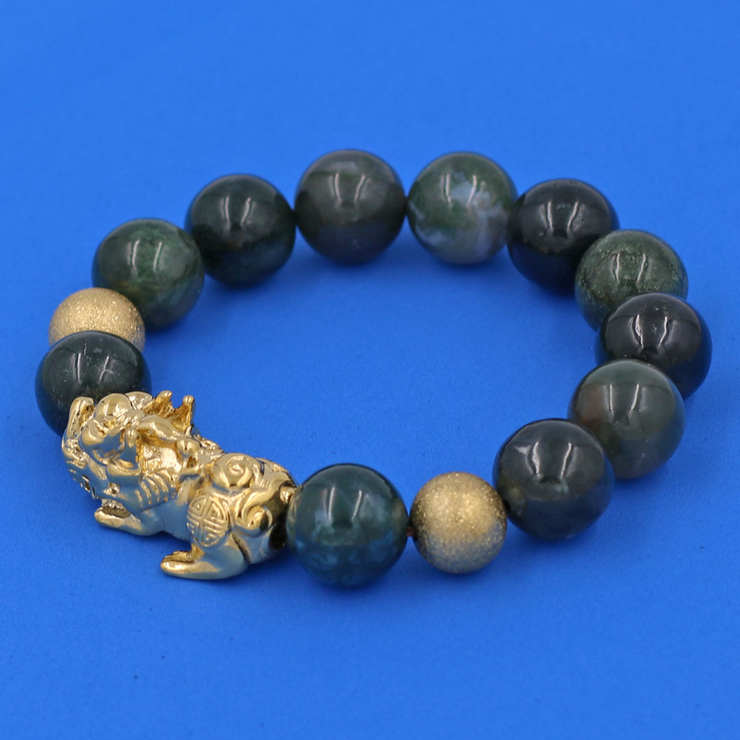 Vòng chuỗi đeo tay đá cẩm thạch xanh đậm 14 ly  charm tỳ hưu và bi inox, vòng tay chuỗi hạt