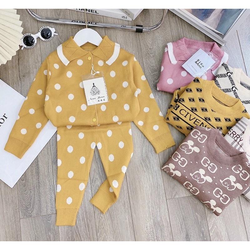 Bộ bé gái,Bộ len dài tay chấm bi cổ viền vàng hàng quảng châu cho bé 8-20kg