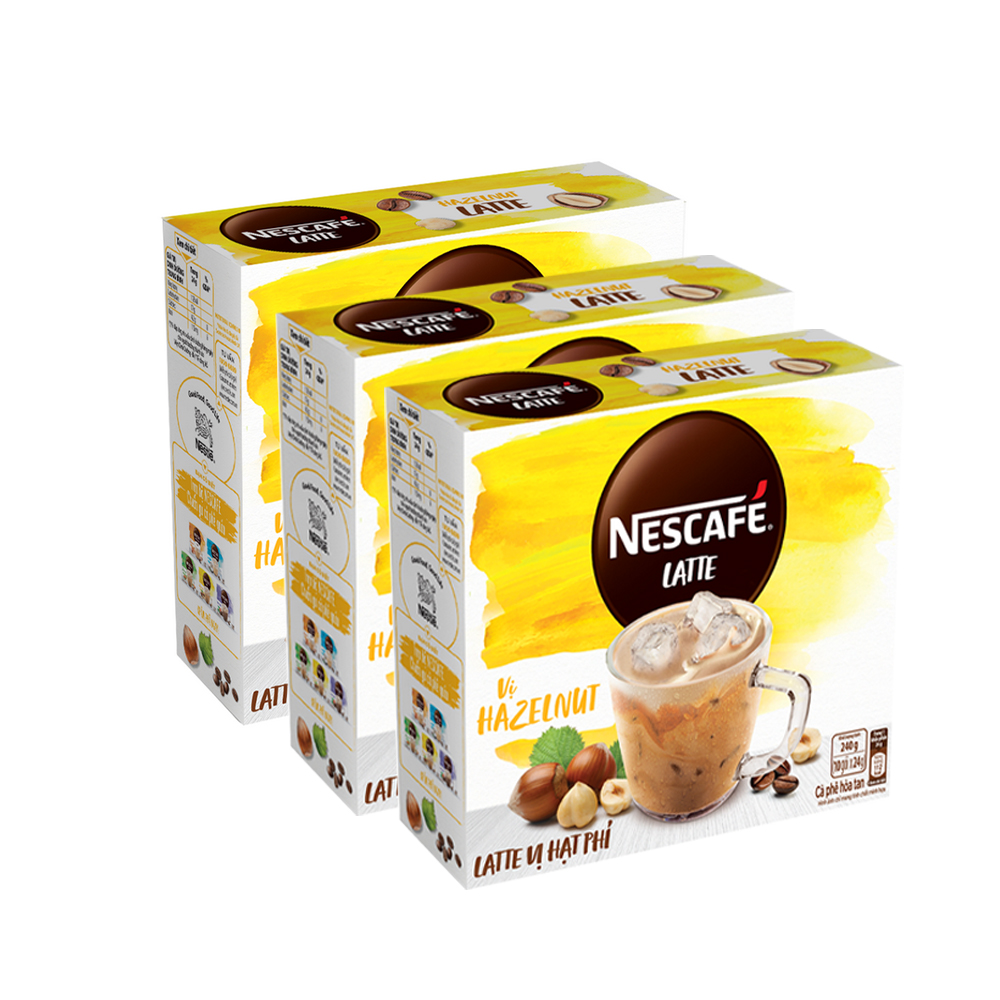 Combo 3 Hộp Cà Phê Hòa Tan Nescafé Latte Sữa Hạt Vị Hạt Phỉ (Hộp 10 Gói x 24g) - [Tặng Bộ 3 Thố Thuỷ Tinh Nescafé]