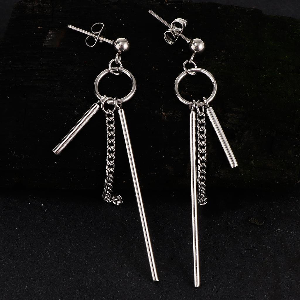 Stainless Steel Long Bar Chain Earrings Ring Loop Ear Clip