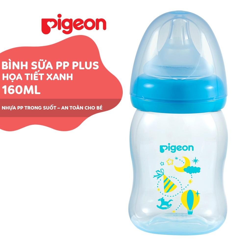 Bình sữa cổ rộng PP Plus họa tiết xanh/hồng Pigeon 160ml (SS)