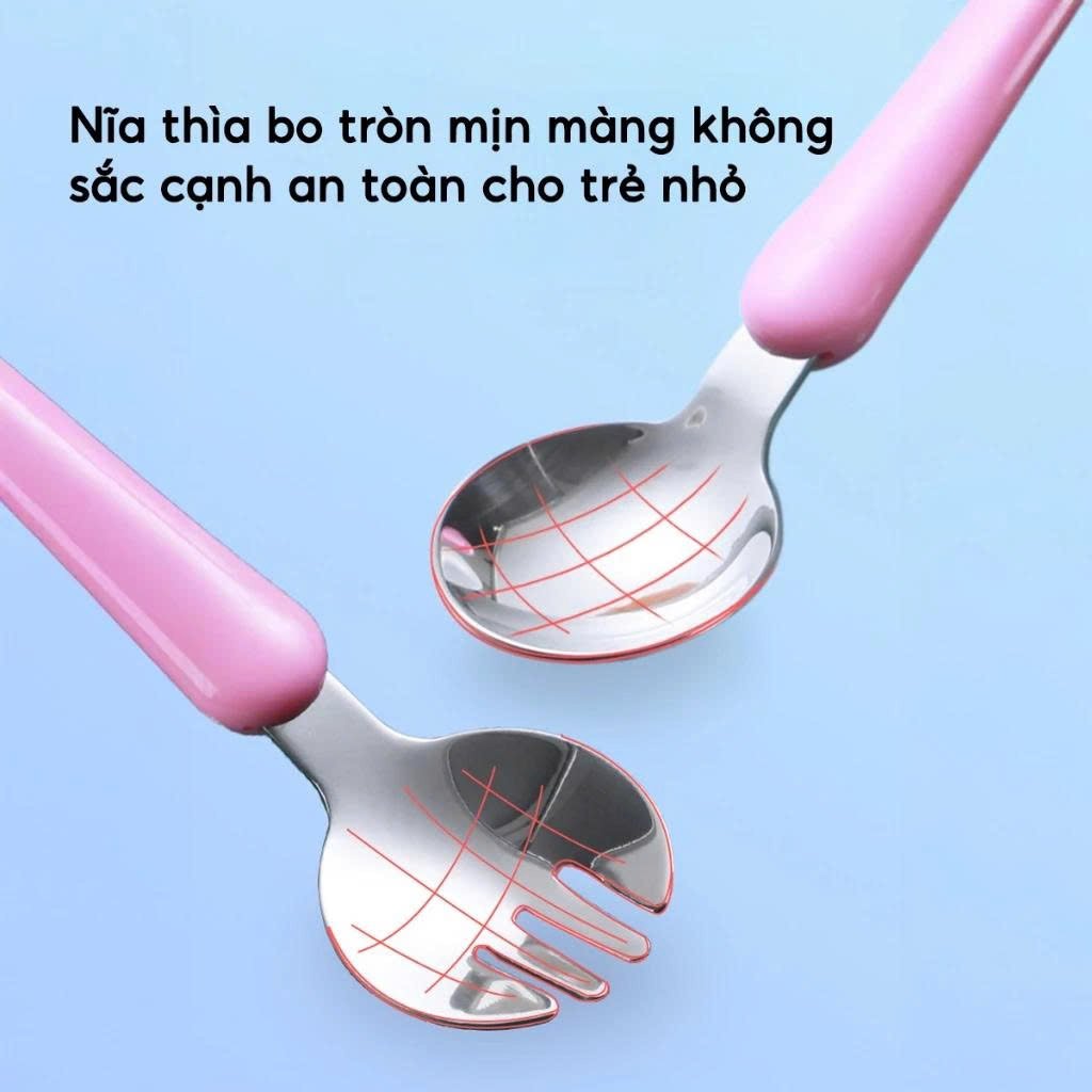 Bộ Ăn Dặm Cho Bé 3 Món, Đũa Xỏ Ngón + Thìa + Dĩa, Dễ Cầm Chống Rơi, An Toàn, Màu Xanh/Hồng - HÀNG CHÍNH HÃNG MINIIN