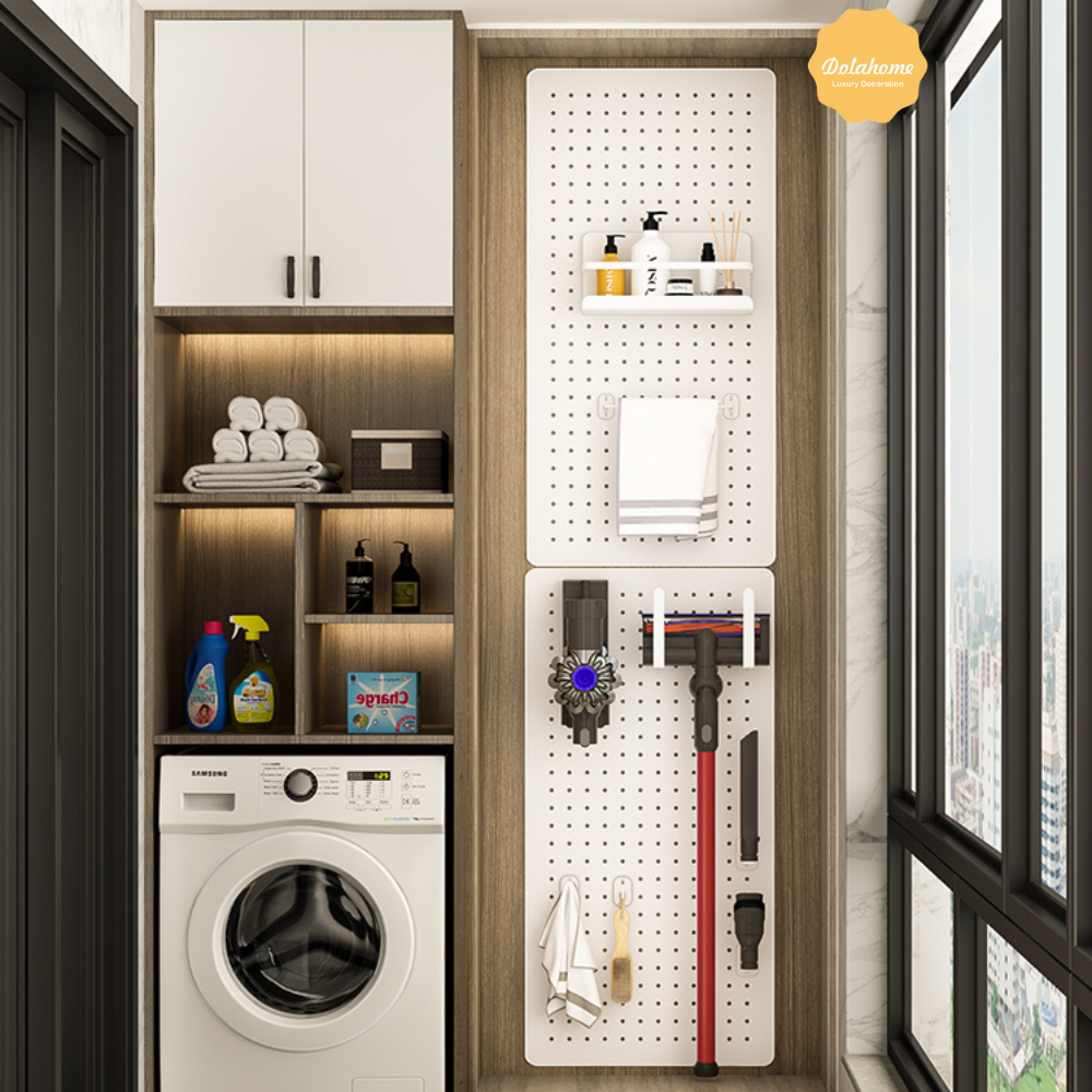 Bảng lỗ Pegboard Dola Home kim loại cao cấp. Kệ để máy hút bụi Dyson, đồ dùng gia đình và dụng cụ vệ sinh nhà cửa