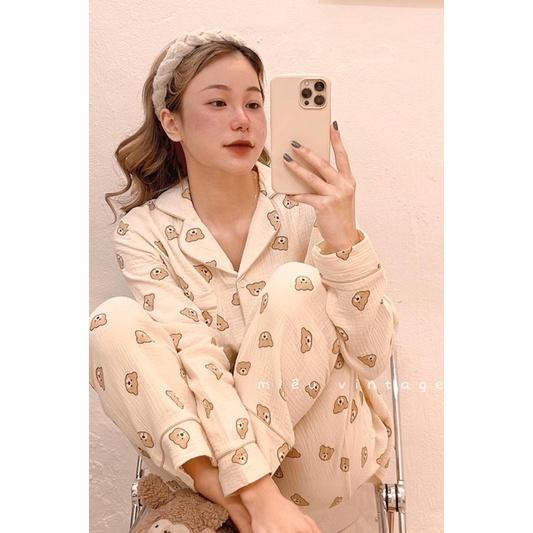Bộ đồ ngủ nữ, bộ đồ pizama dài tay chất liệu xốp đũi Hàn mềm.