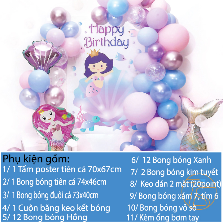 Sét bong bóng trang trí sinh nhật happy birthday nàng tiên cá có kèm bơm tay - Bộ trang trí thôi nôi, đám đầy tháng cho bé