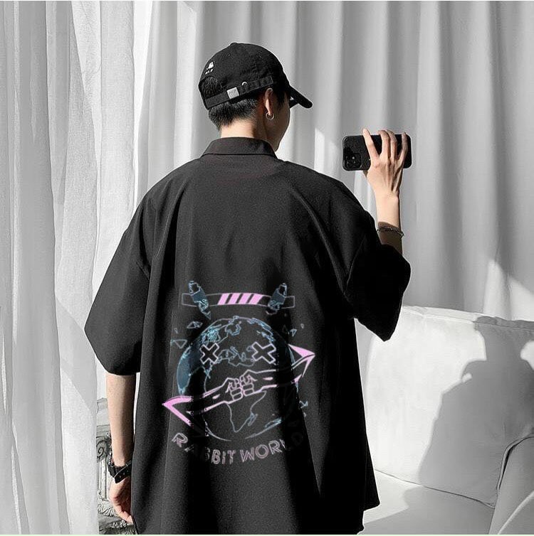 Áo sơ mi nam tay lỡ form rộng Unisex thêu họa tiết RABBIT, phong cách Hàn Quốc