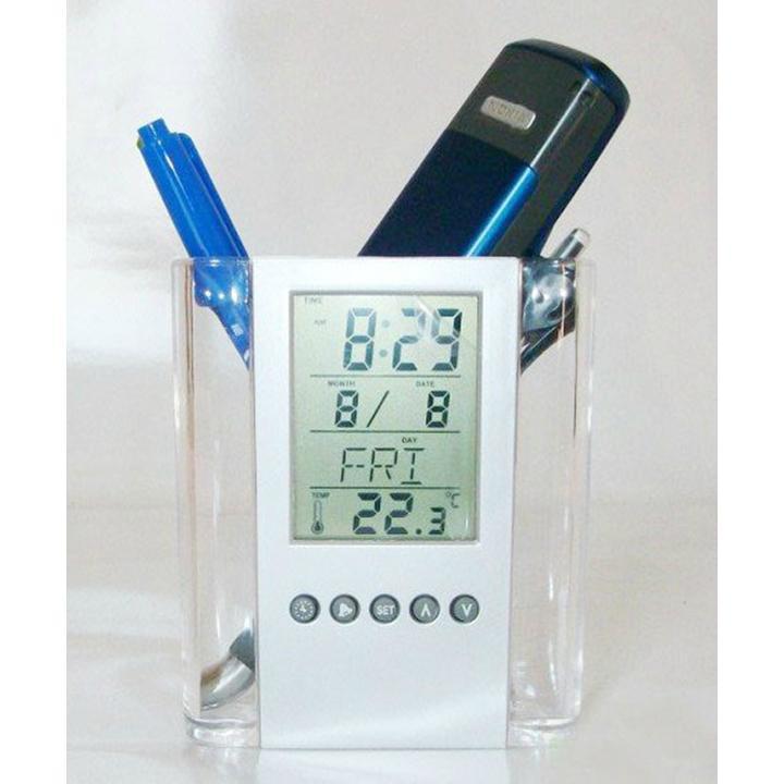 Khay đựng bút có đo nhiệt độ phòng, đồng hồ, lịch kỹ thuật số, để bàn đa chức năng - hộp trong suốt