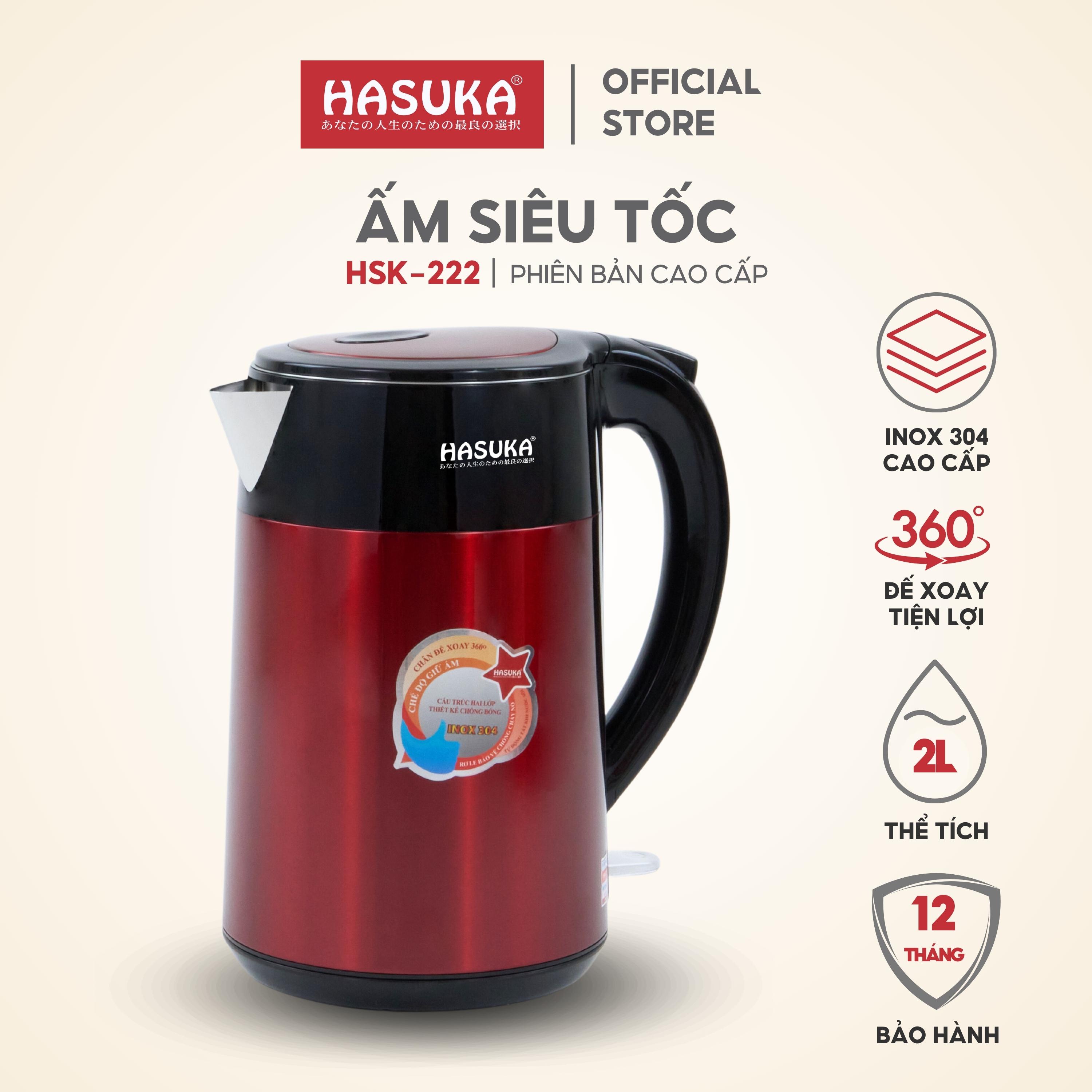 Ấm Siêu Tốc HASUKA HSK-222 dung tích 2L, công suất 1850-2200W- Lớp bên trong làm từ inox 304 thiết kế tay cầm cách nhiệt - HÀNG CHÍNH HÃNG