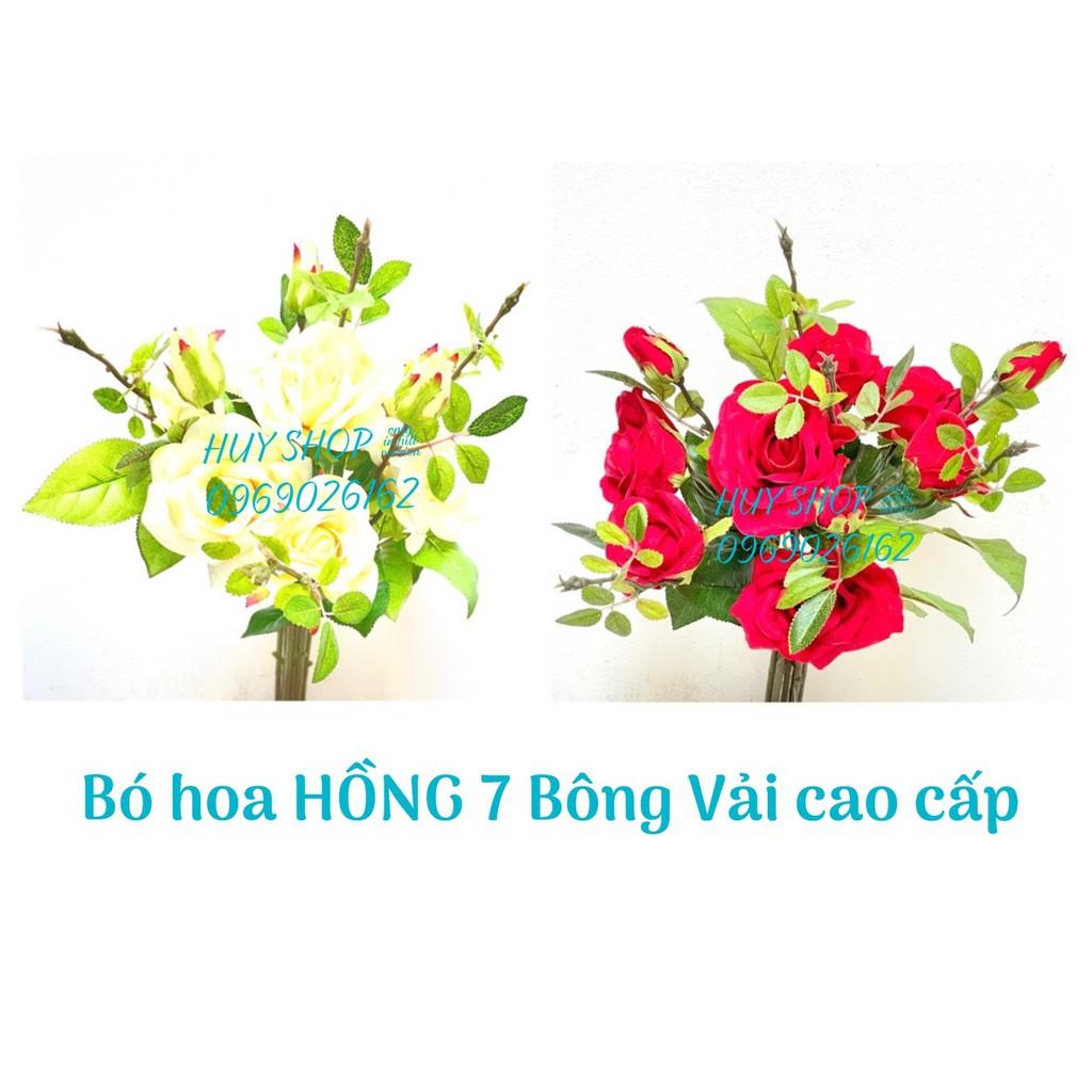 HOA GIẢ TRANG TRÍ - BÓ HOA HỒNG NỞ 7 BÔNG VẢI CAO CẤP