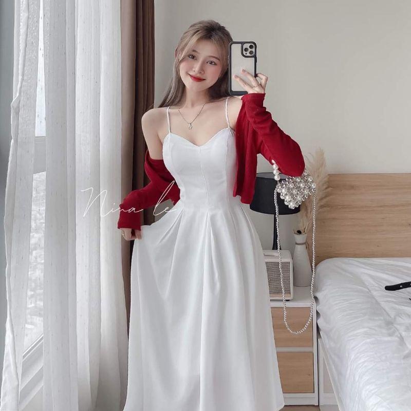 SET ĐẦM XẾP LY 2S VỚI ÁO KHOÁC ĐỎ CROPTOP
