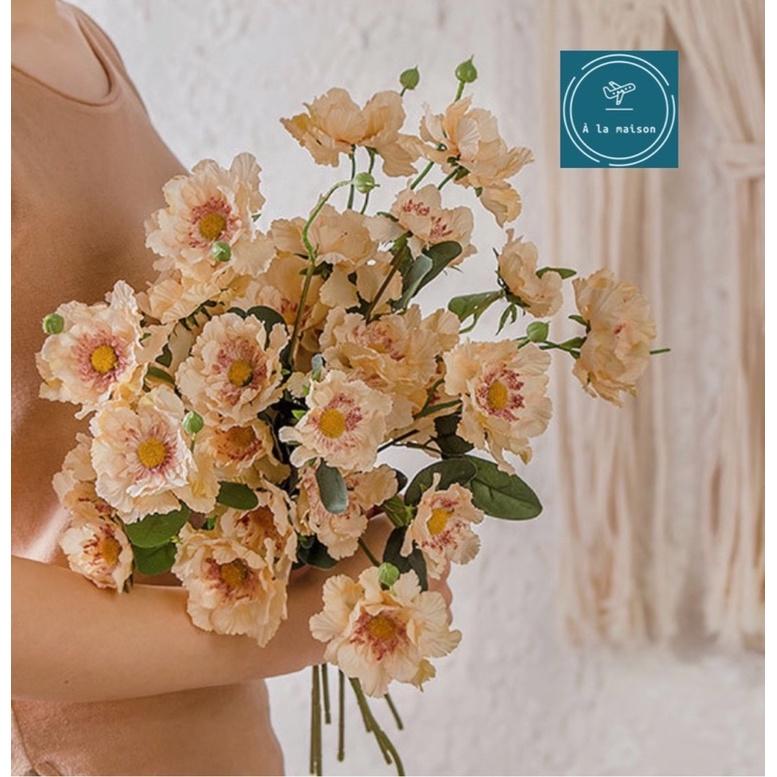 Cành hoa anh túc 52cm phong cách vintage, hoa lụa cao cấp, hoa lụa trang trí