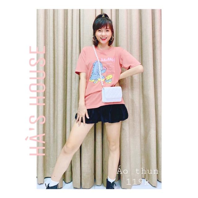 Áo thun form rộng hình khủng long đáng yêu màu hồng cam