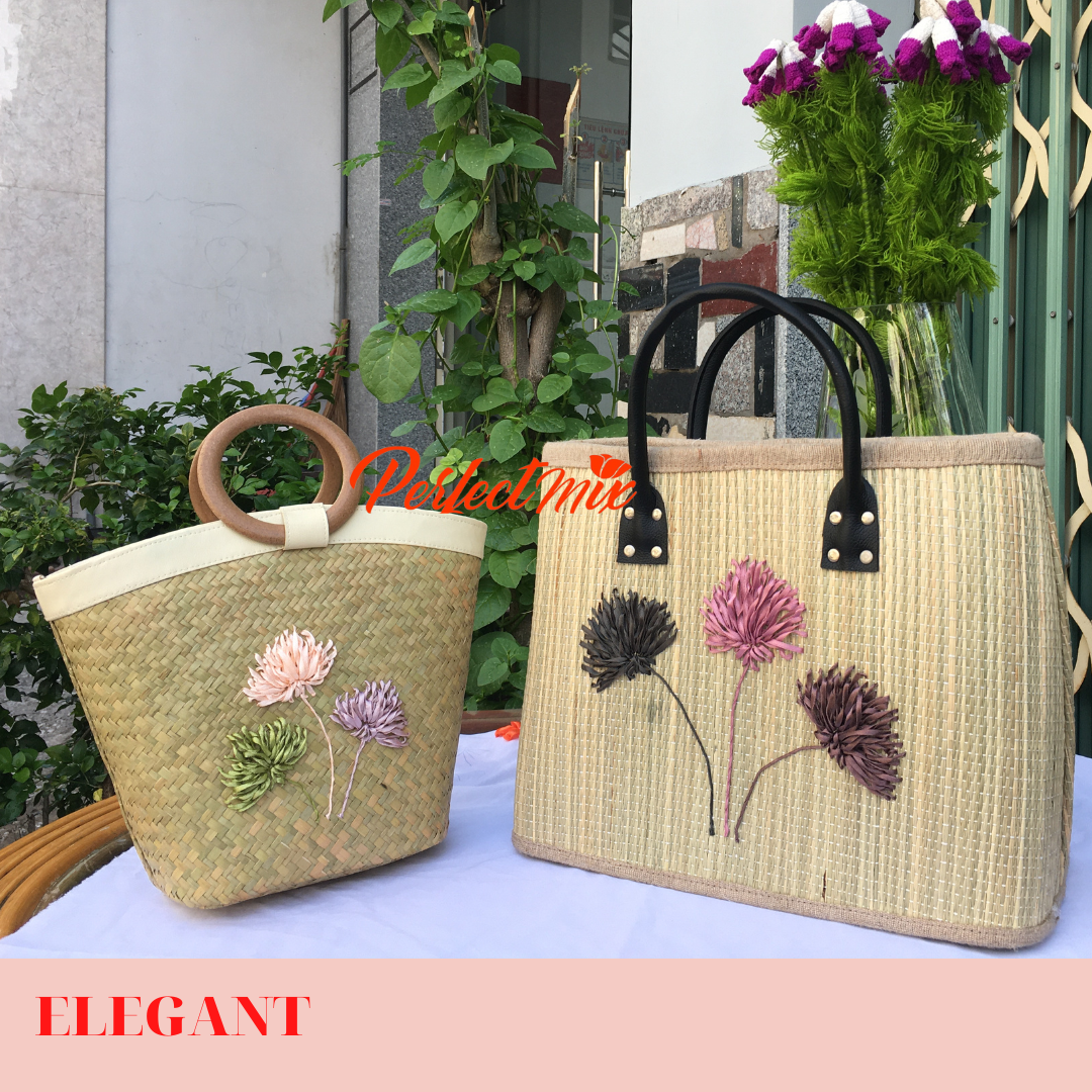 Túi đi biển-giỏ cỏ bàng, giỏ thêu tay trực tiếp- thêu ribbon tinh tế và hài hòa màu sắc.