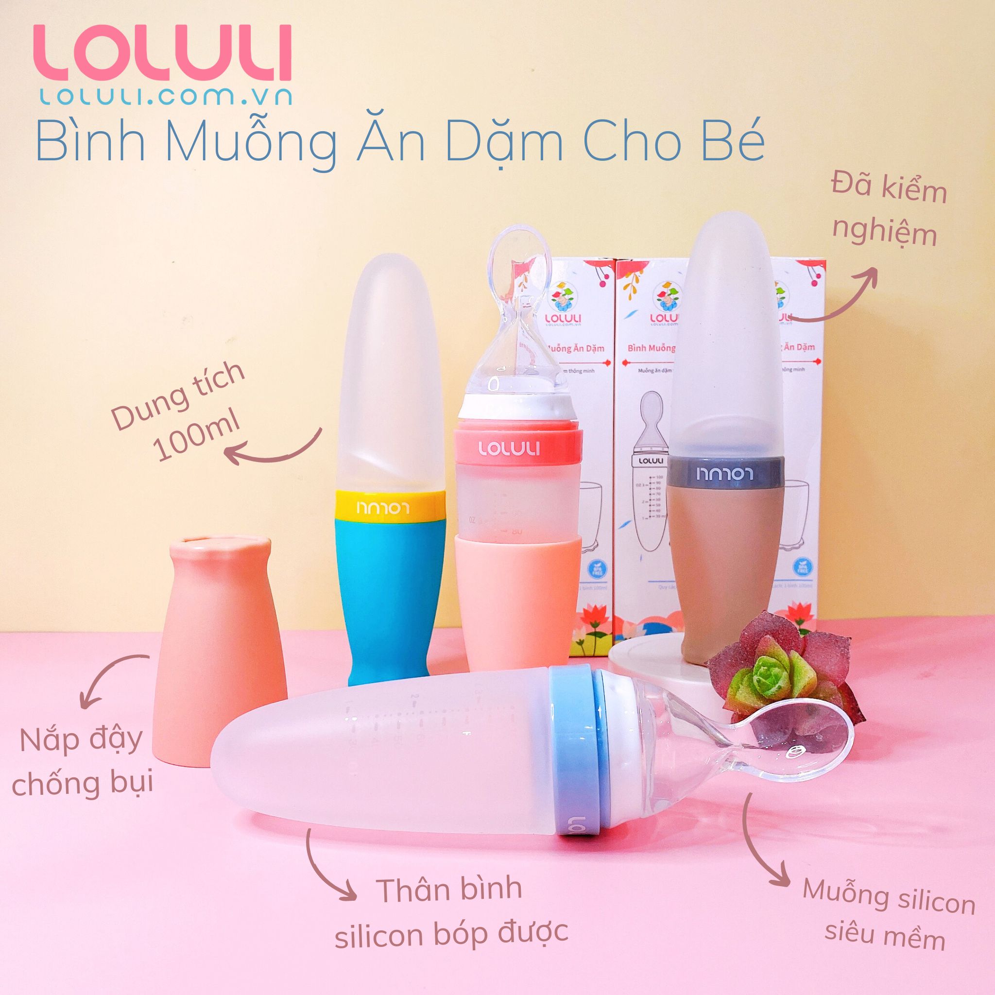 Bình muỗng ăn dặm Loluli nhựa PP và silicon cho bé ăn dặm uống sữa - 100ml