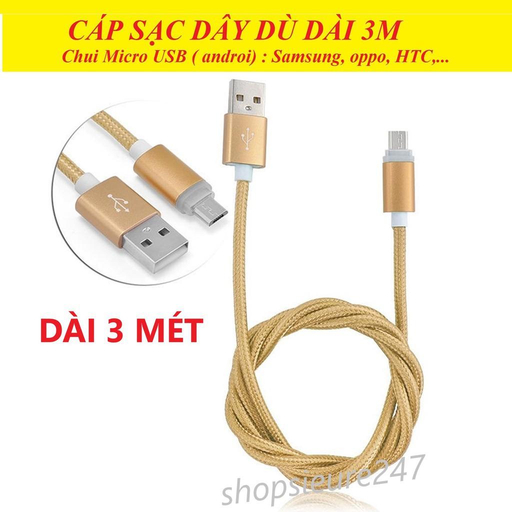 Dây Cáp Sạc Micro USB 3M Bọc Dù cho Samsung, Oppo, HTC, Xiaomi, Huawei