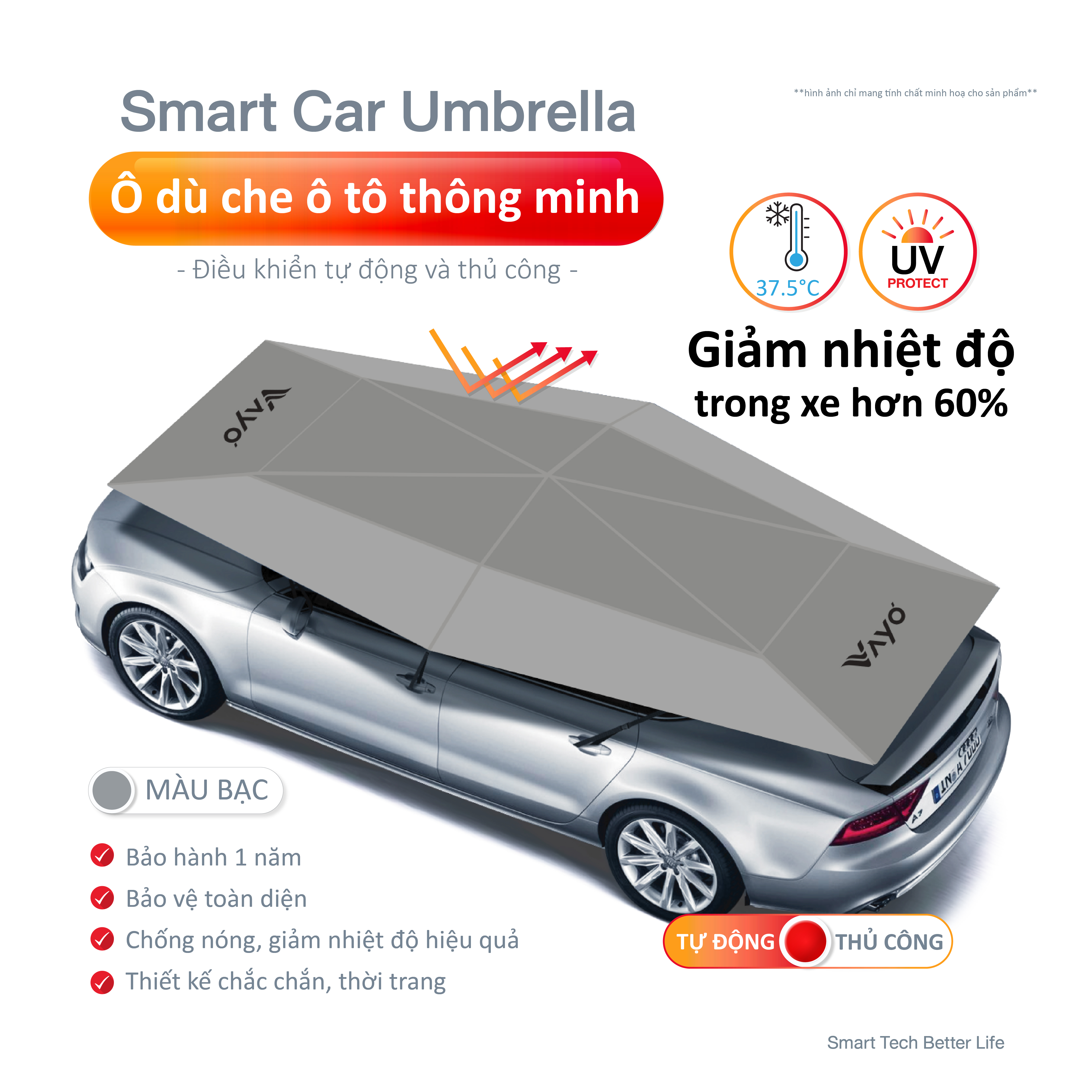 Dù che ô tô thông minh VAYO - Smart Car Umbrella - Hàng chính hãng - điều khiển tự động bằng remote, tháo rời, giảm nhiệt độ 60%, bảo vệ nội thất xe hơi