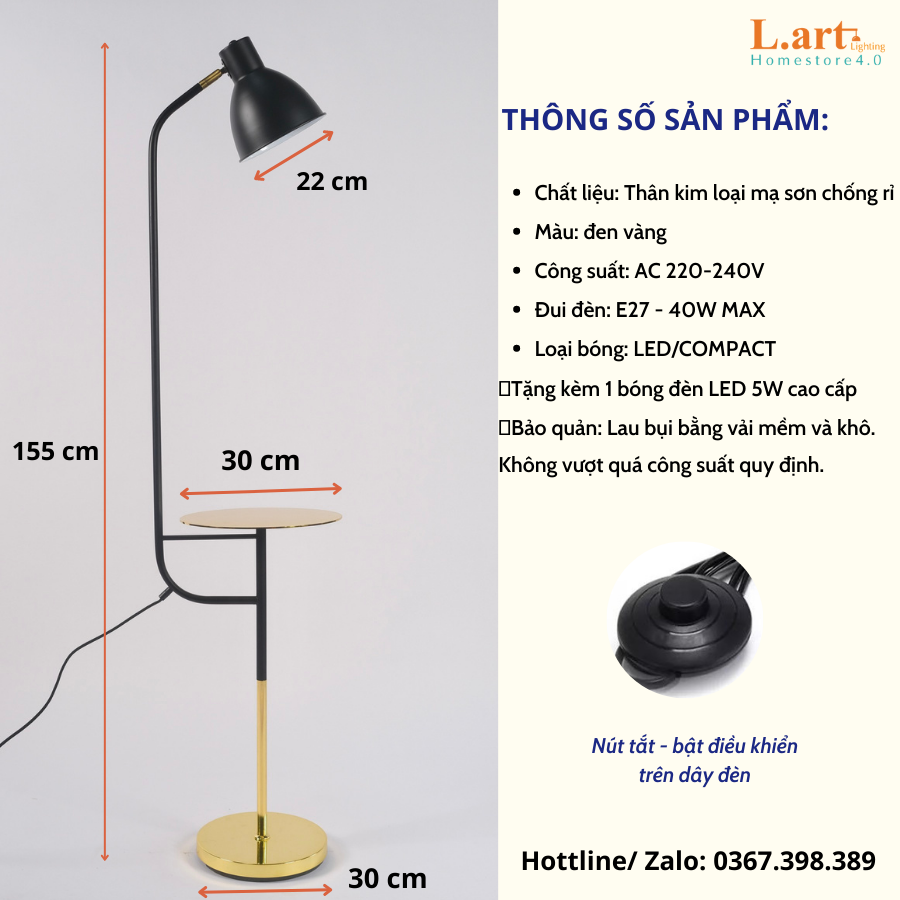 Đèn cây đứng màu đen - vàng kèm bàn phong cách Châu Âu DCLA008