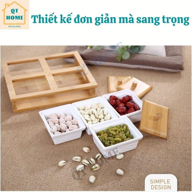 Khay Mứt Tết Sứ 4 Ngăn, Hũ Bằng Sứ, Khay và Nắp Bằng Gỗ Tre