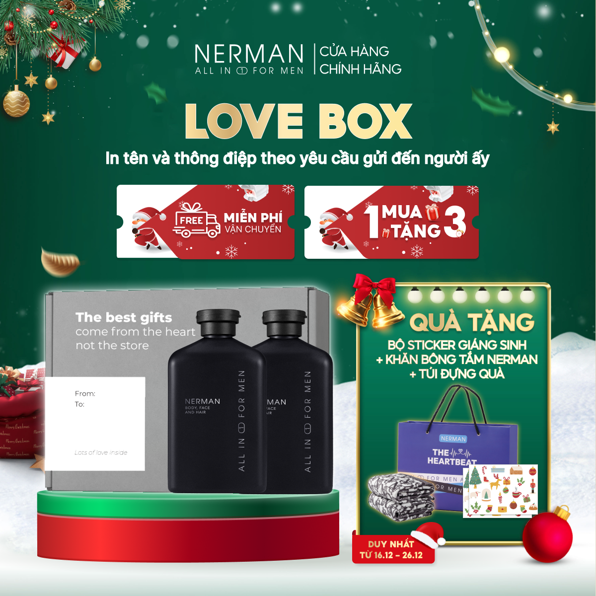 Bộ quà tặng Noel giáng sinh cho nam LOVE BOX - 2 Sữa tắm gội hương nước hoa cao cấp NERMAN 350ml/chai