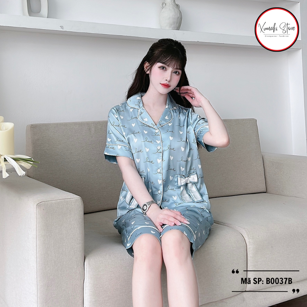 Bộ pijama nữ áo cộc quần ngố họa tiết túi nơ nhiều màu chất lụa cao cấp Xumaki Store BO037B