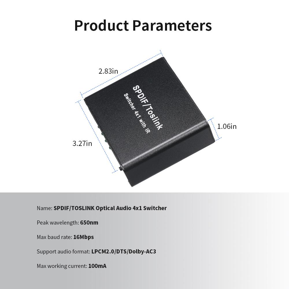  Thiết bị chuyển mạch âm thanh SPDIF TOSLINK kỹ thuật số 4*1điều khiển từ xa hồng ngoại - Phích cắm của US