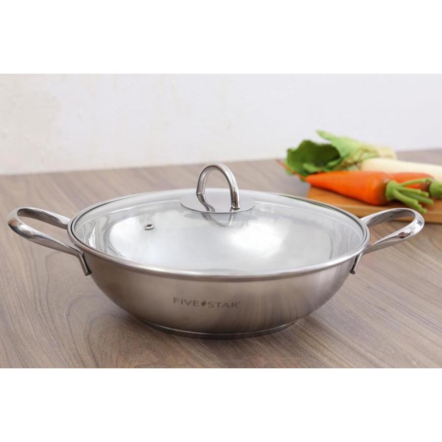 Chảo Xào Inox 3 Đáy Nắp Kính 26cm Fivestar W26-3DG - Hàng Chính Hãng