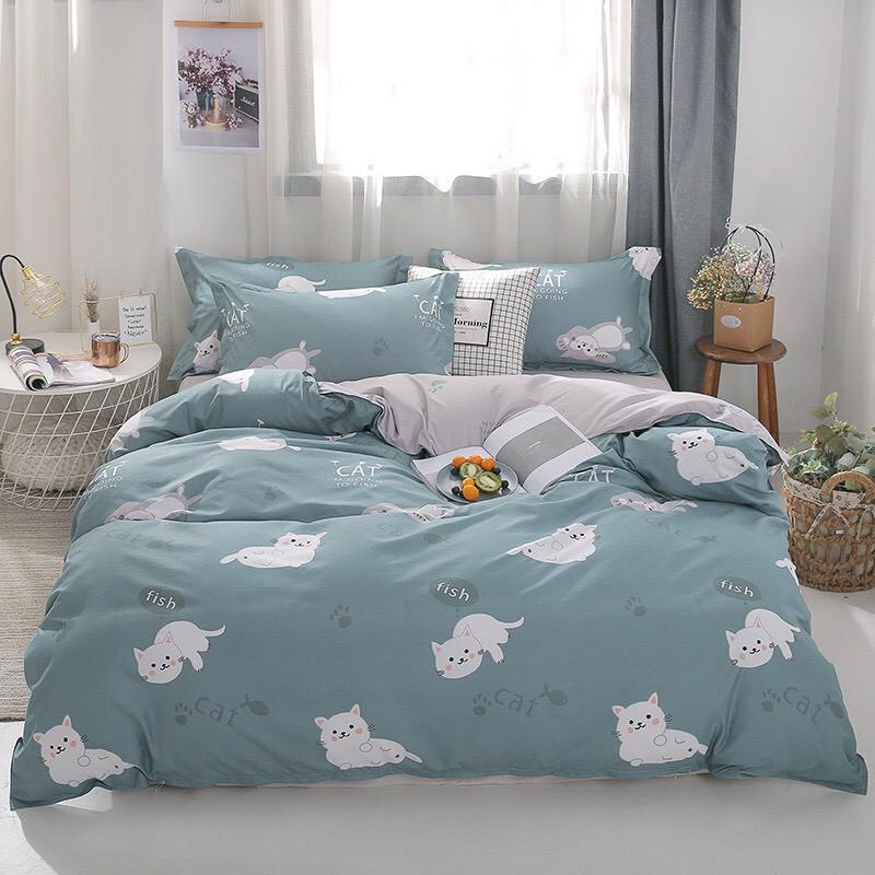 Bộ chăn ga gối Cotton Poly M2T bedding Mèo lười, vỏ chăn mền, drap giường và 2 vỏ gối