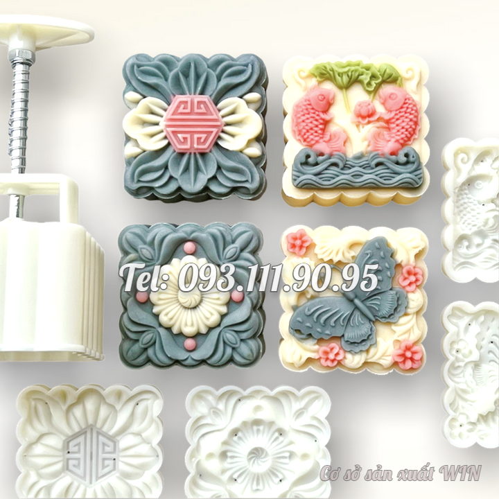 Khuôn trung thu lò xo 4 mặt hình vuông bươm bướm, cá chép vượt vũ môn, hoa văn kiểu – Mã số 1908