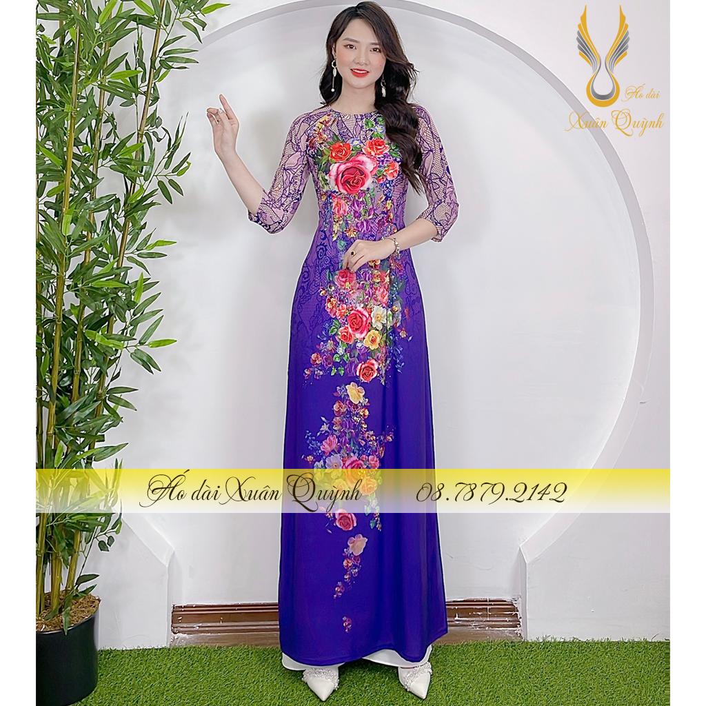Áo Dài Hoa Hồng Đa Sắc Màu Duyên Dáng, Thanh Lịch, Dịu Dàng Lụa Habutai Cao Cấp K05 Tím