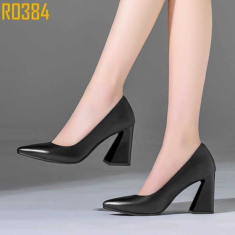 Giày cao gót nữ đẹp đế vuông 7 phân hàng hiệu rosata màu đen ro384