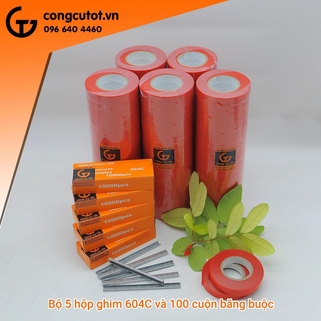 Combo 5 hộp ghim 604C và 100 cuộn băng buộc cành